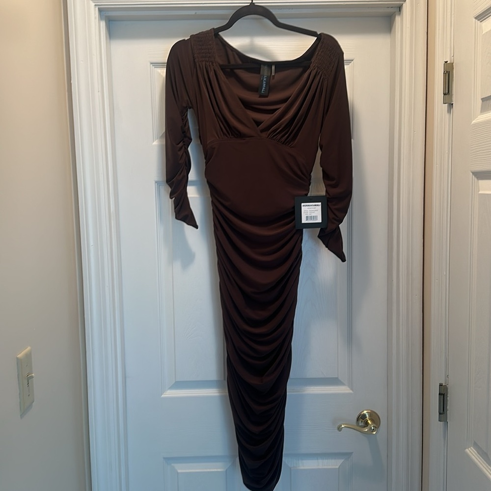 Norma Kamali Tara Long-Sleeve Deep-V Ruched Stretch Jersey Midi Dress small - Picture 4 of 7